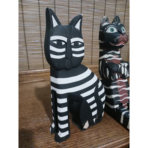 Vintage Laurel Burch Style Folk Art Black And White Wood Cats - Picture 2 of 10